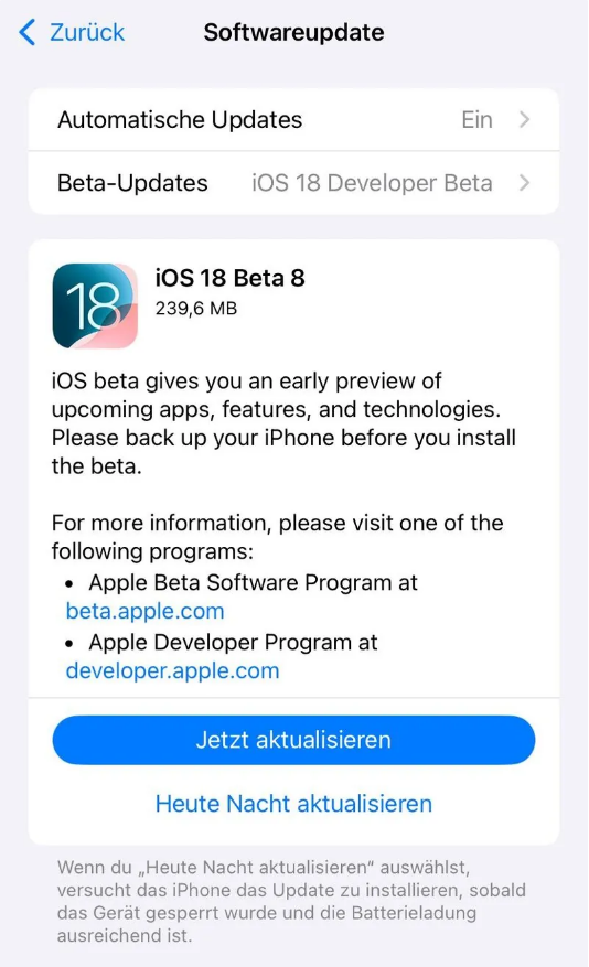 夏津苹果手机维修分享苹果 iOS / iPadOS 18 开发者预览版 Beta 8 发布 